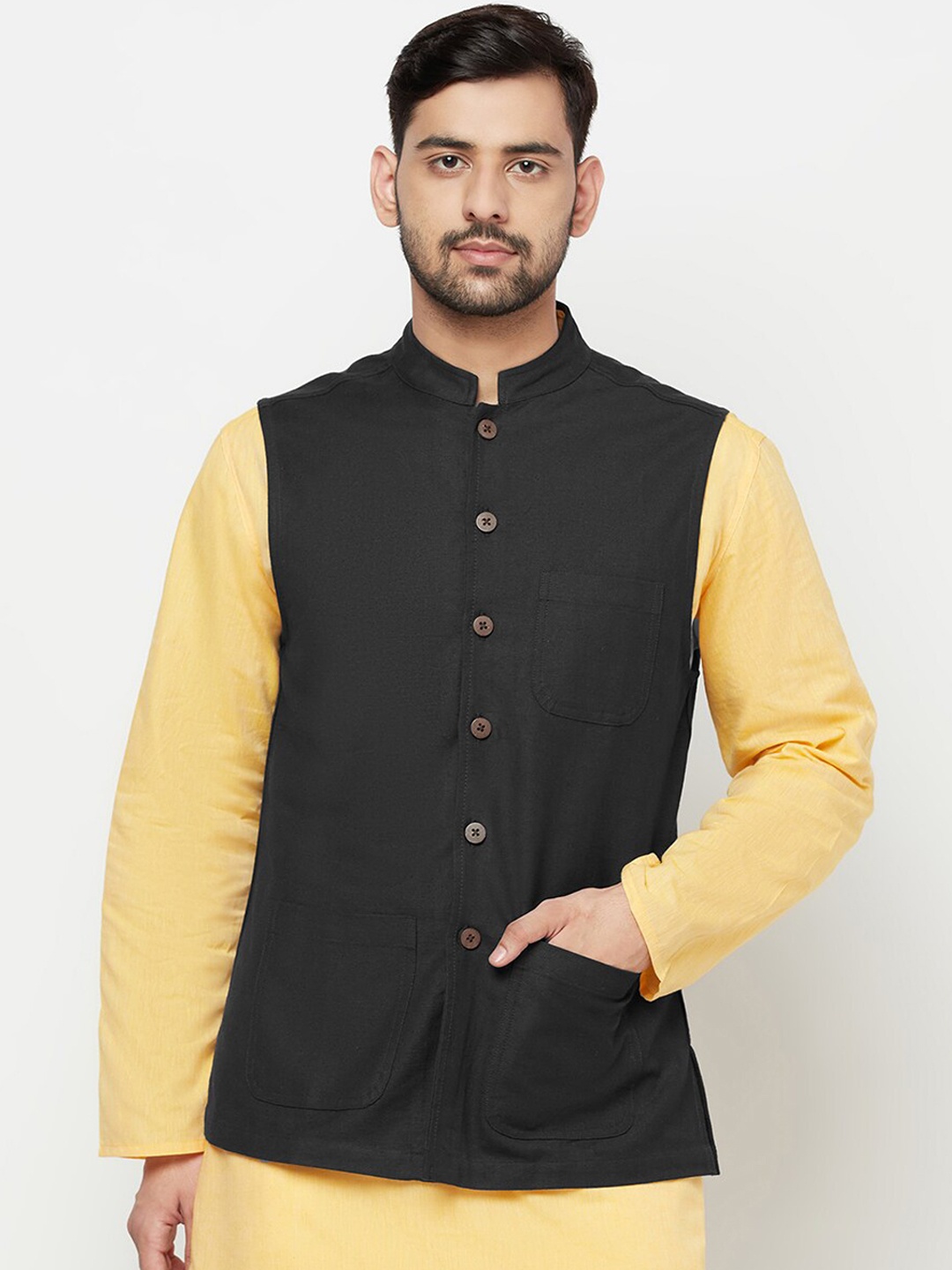 

Fabindia Cotton Bhagalpur Nehru Jacket, Black