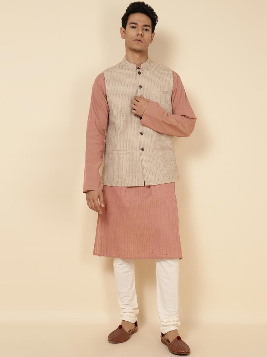 

Fabindia Men Woven Design Cotton Nehru Jackets, Beige