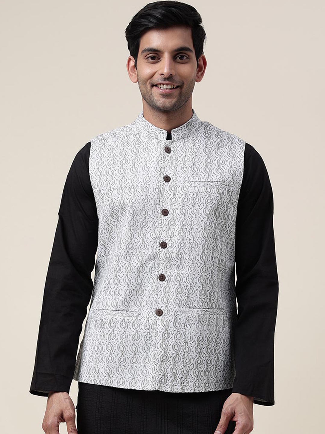 

Fabindia Woven Design Cotton Nehru Jacket, White