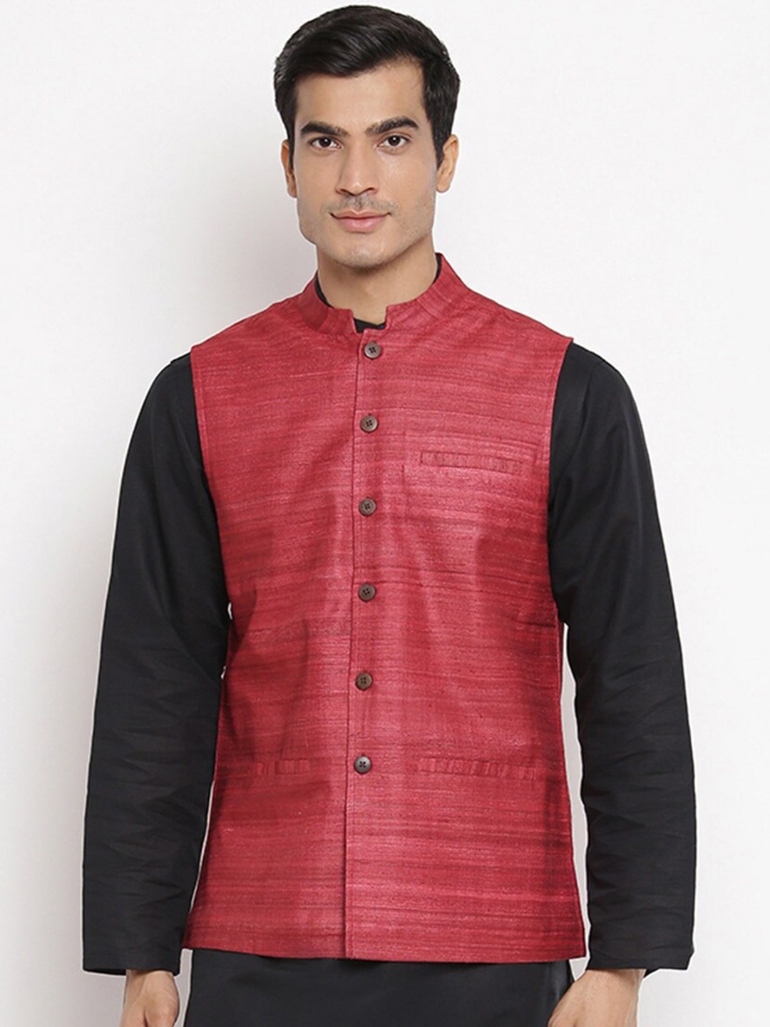 

Fabindia Woven Design Silk Nehru Jacket, Red