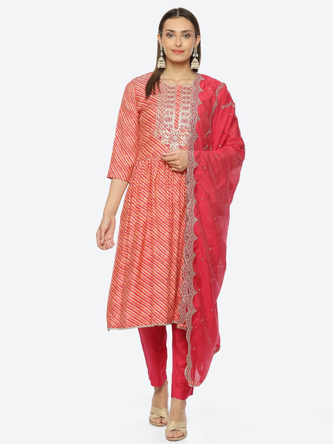 

Biba Striped Unstitched Dress Material, Pink