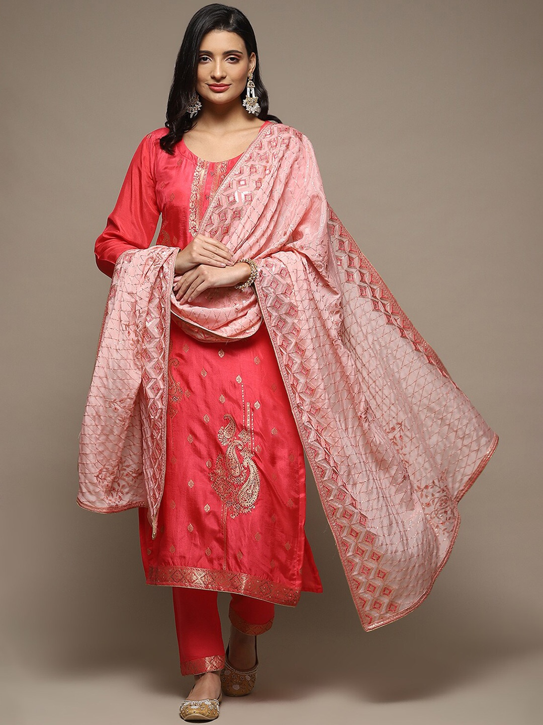 

Biba Ethnic Motifs Woven Design Sequinned Unstitched Dress Material, Pink