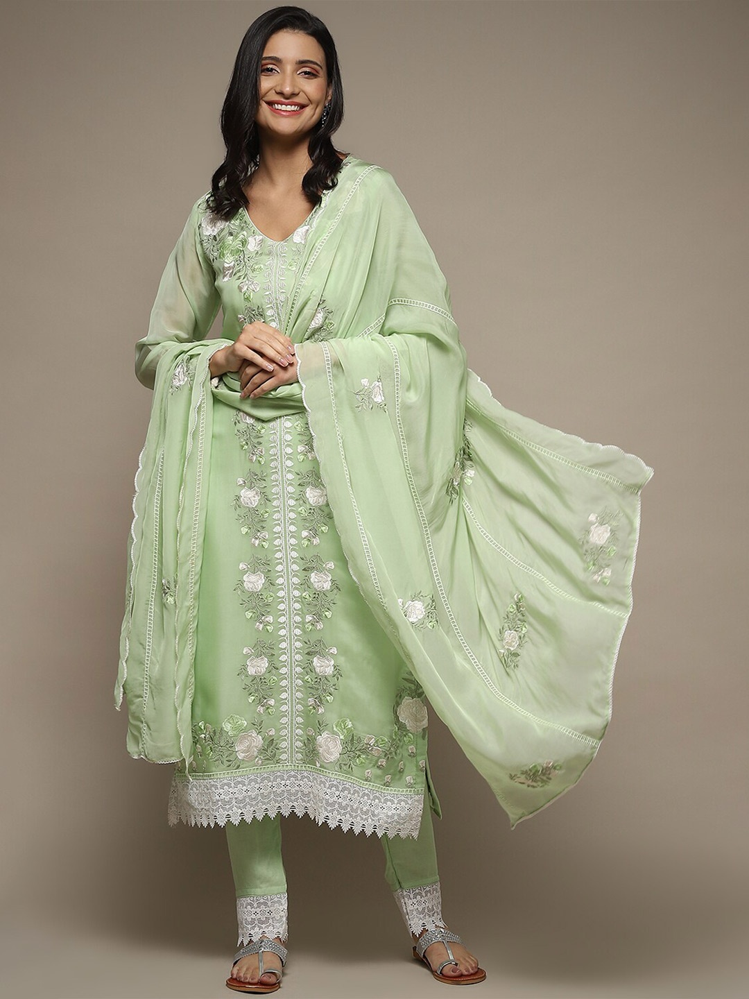 

Biba Floral Embroidered Organza Unstitched Dress Material, Green