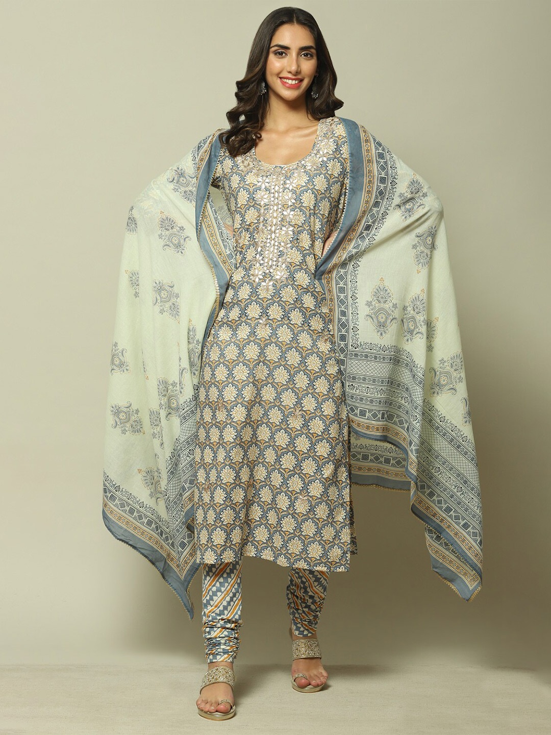 

Biba Floral Printed Unstitched Dress Material, Grey