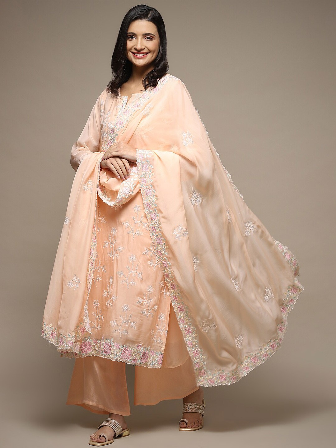 

Biba Floral Embroidered Organza Unstitched Dress Material, Peach