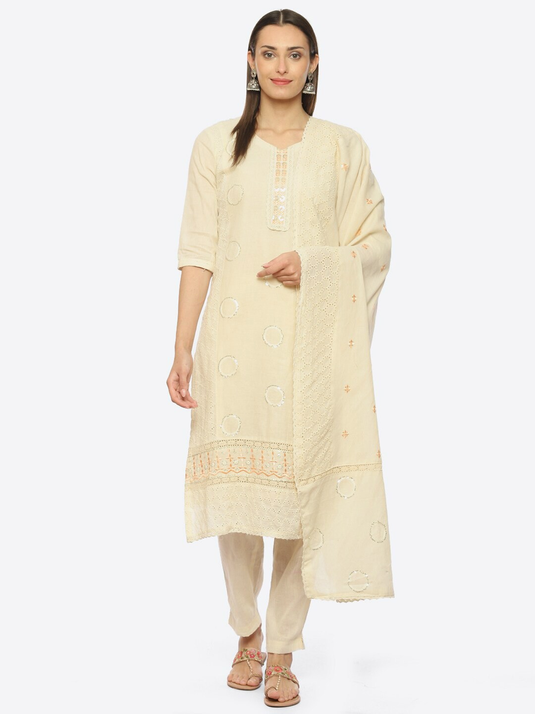 

Biba Embroidered Sequinned Unstitched Dress Material, Off white