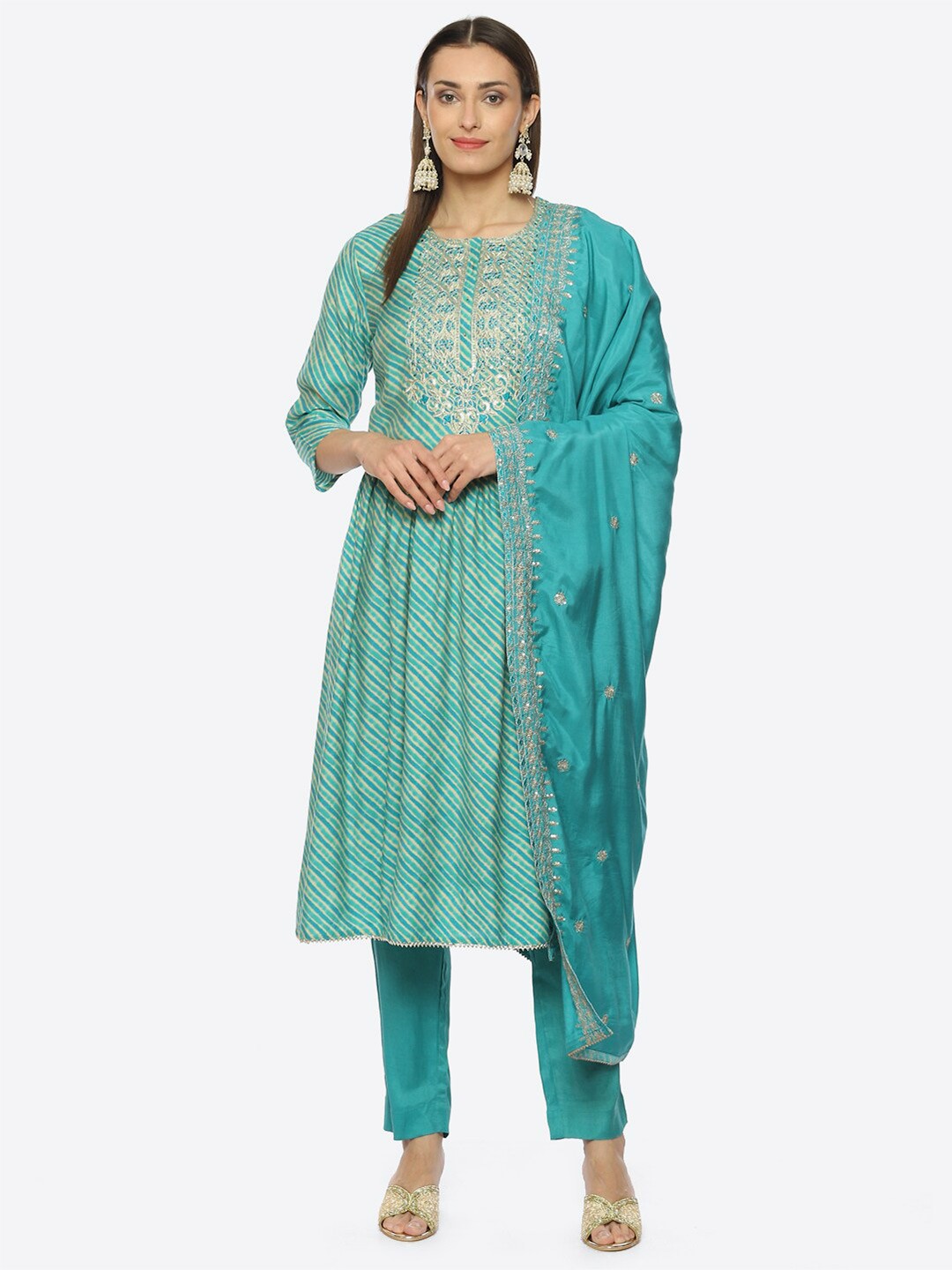 

Biba Chevron Printed Thread Work Unstitched Dress Material, Blue