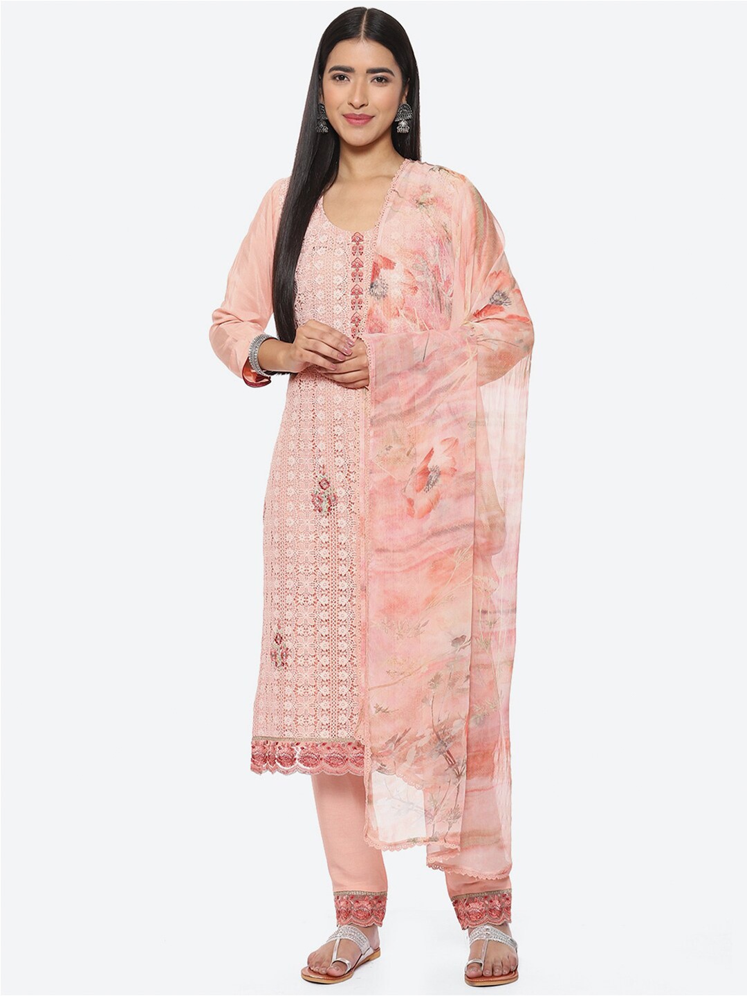 

Biba Floral Embroidered Unstitched Dress Material, Peach