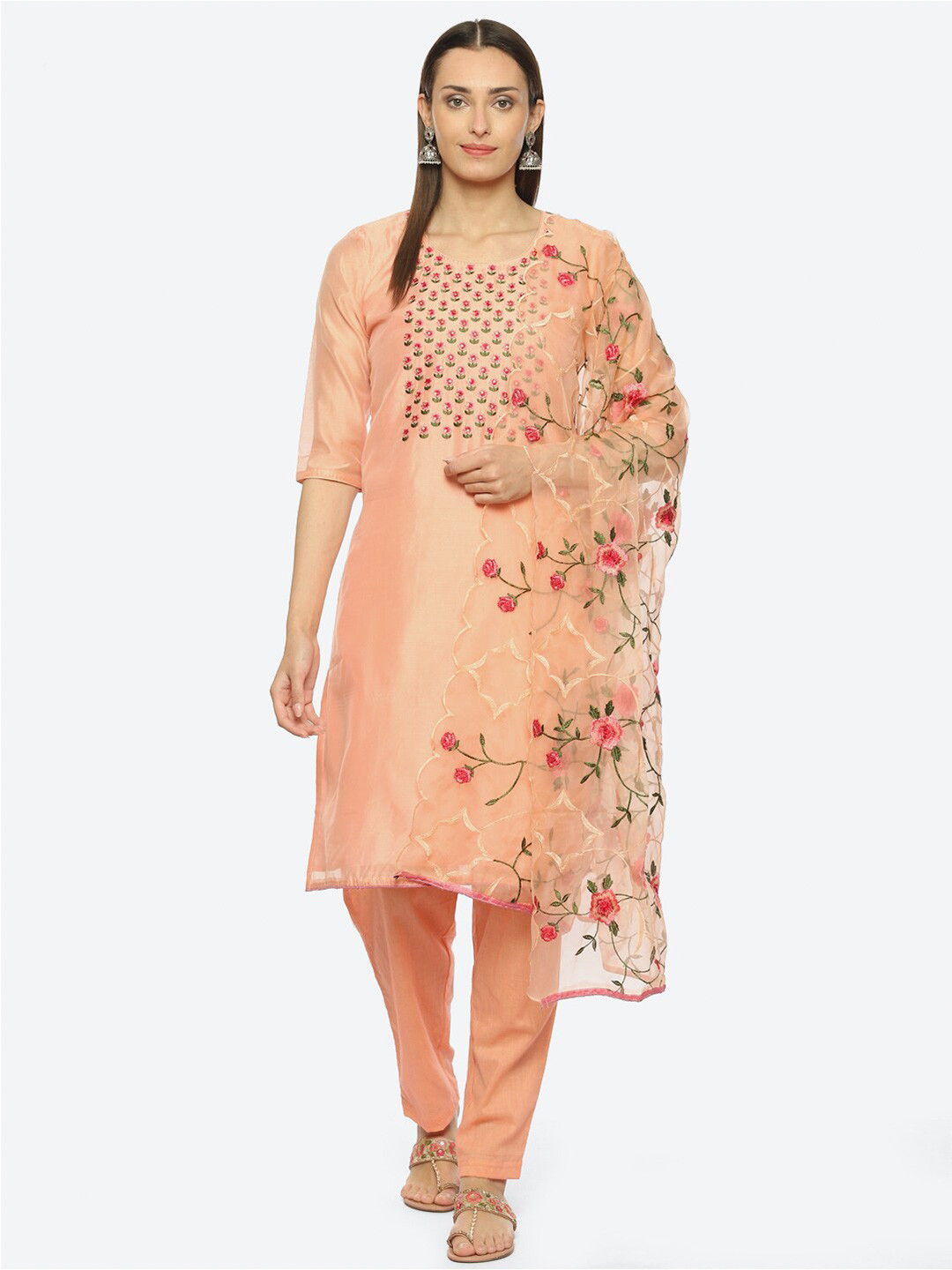 

Biba Floral Embroidered Unstitched Dress Material, Peach