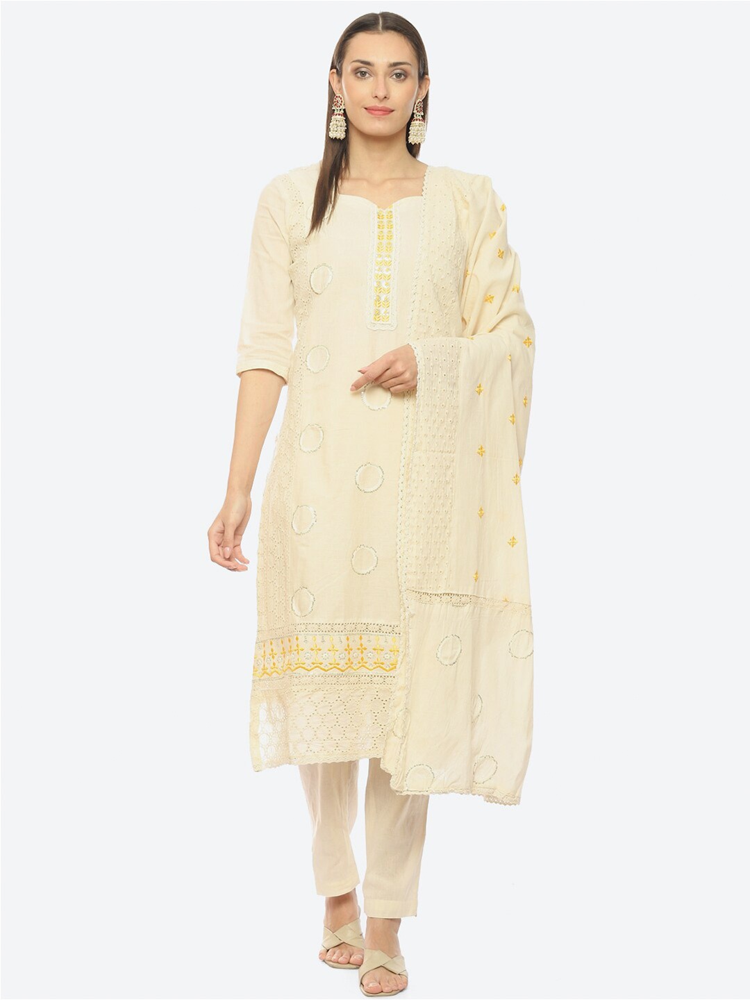 

Biba Embroidered Sequinned Schiffli Unstitched Dress Material, Off white