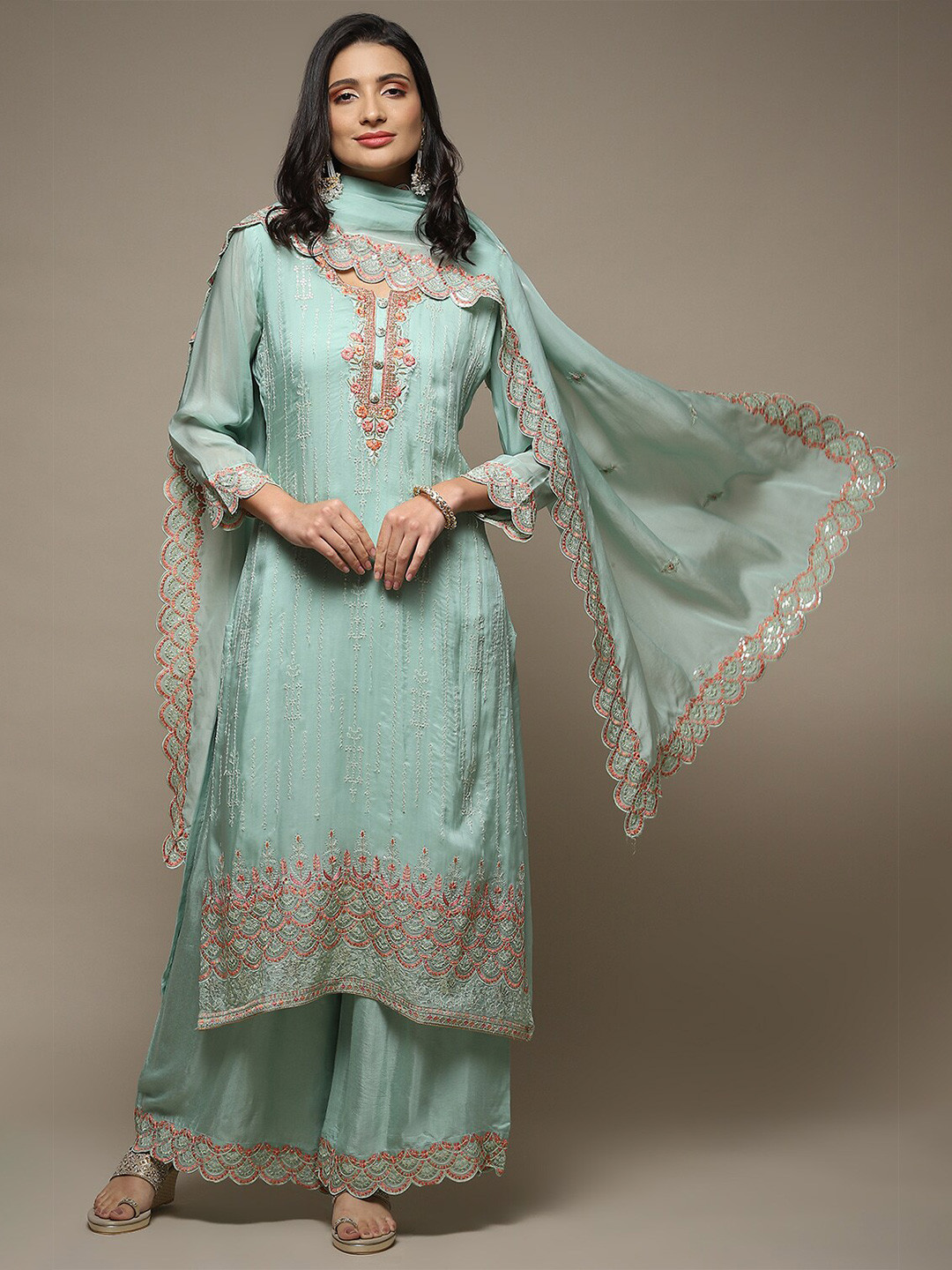 

Biba Floral Embroidered Organza Unstitched Dress Material, Turquoise blue