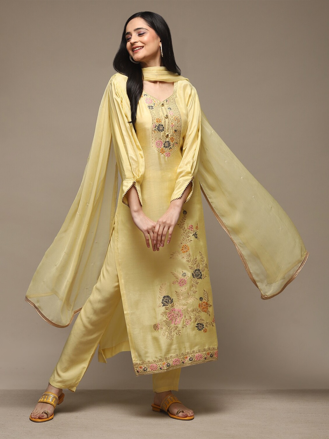 

Biba Floral Embroidered Unstitched Dress Material, Yellow