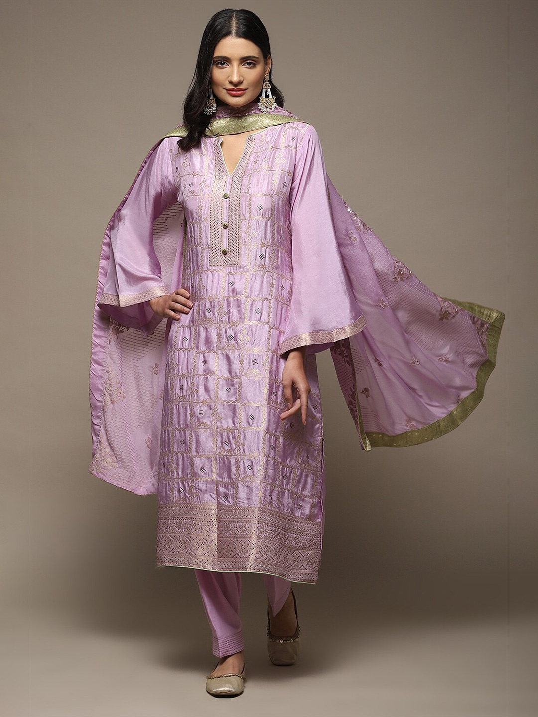 

Biba Ethnic Motif Woven Design With Beads & Stones Unstitched Dress Material, Purple