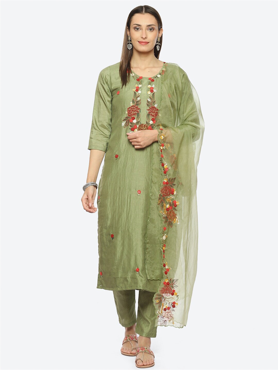 

Biba Floral Embroidered Unstitched Dress Material, Green