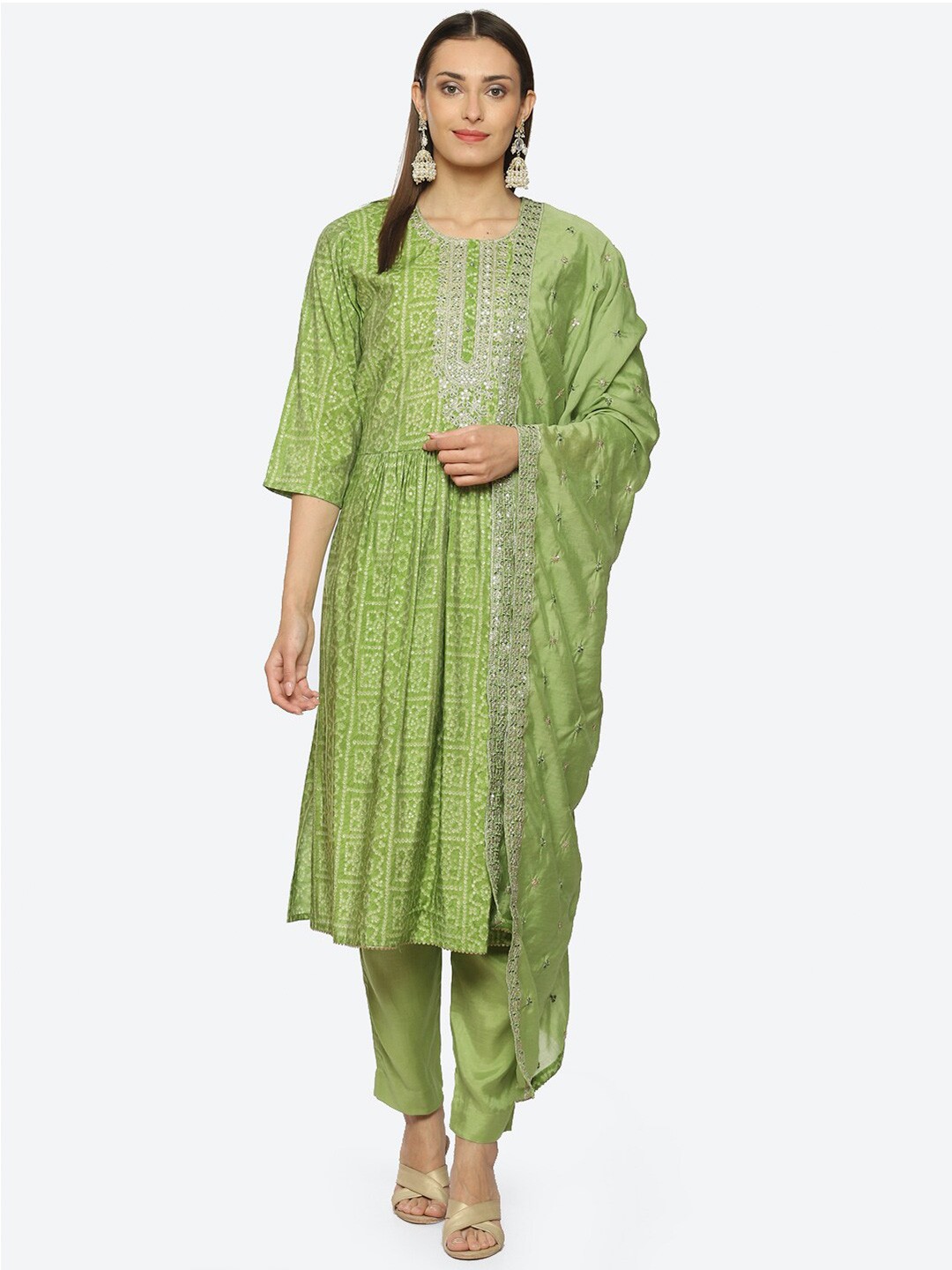 

Biba Bandhani Printed With Sequinned Unstitched Dress Material, Green