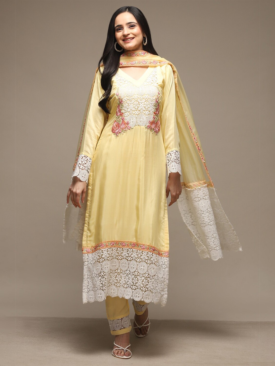 

Biba Floral Embroidered With Lace Inserted Unstitched Dress Material, Yellow