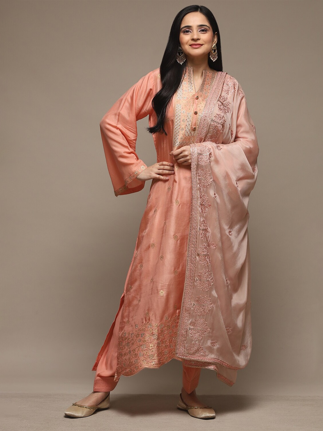 

Biba Ethnic Motif Woven Design With Beads & Stones Unstitched Dress Material, Peach