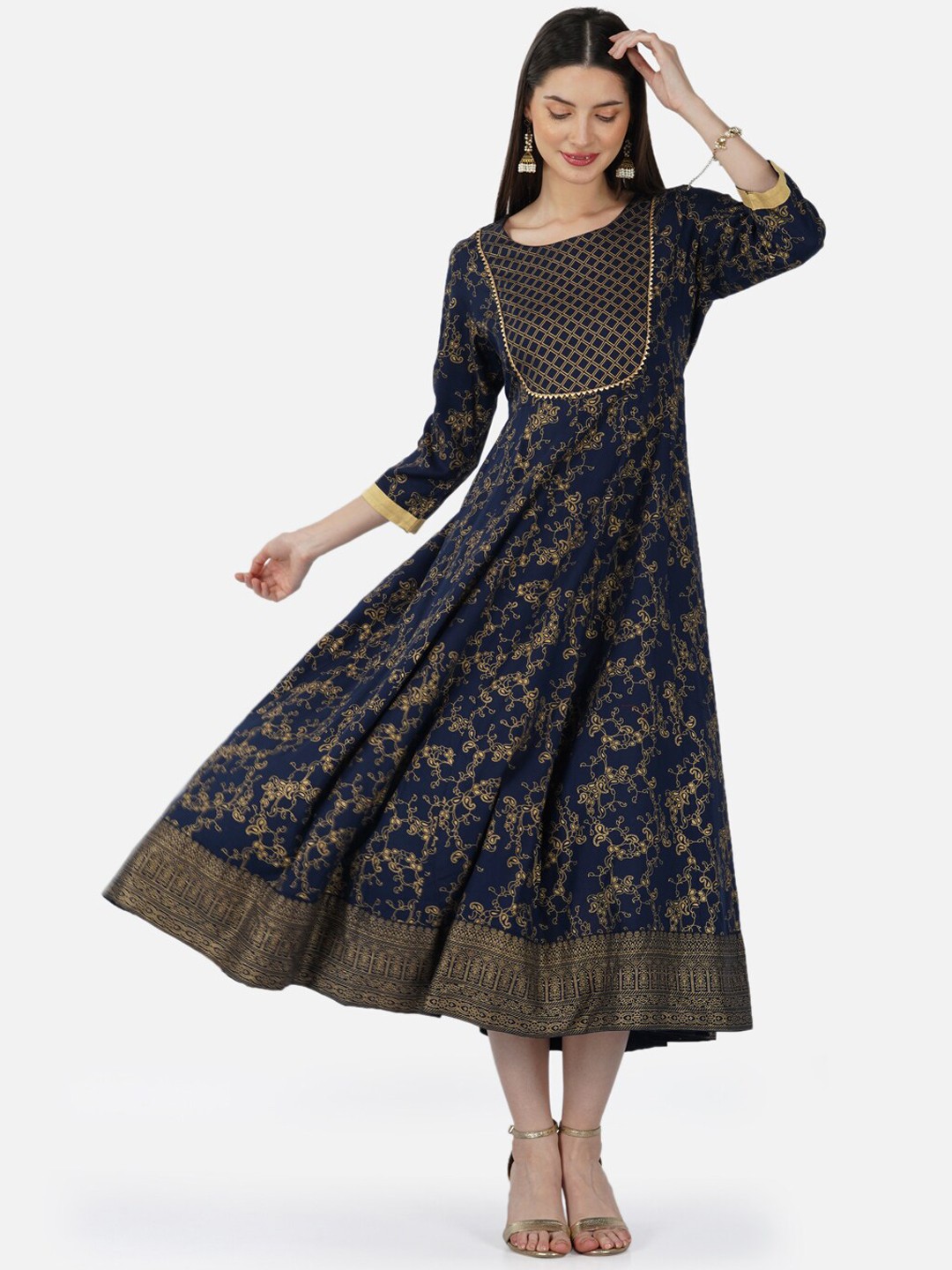 

SkyaSia Ethnic Motifs Foil Printed Gotta Patti Fit & Flare Ethnic Dress, Navy blue