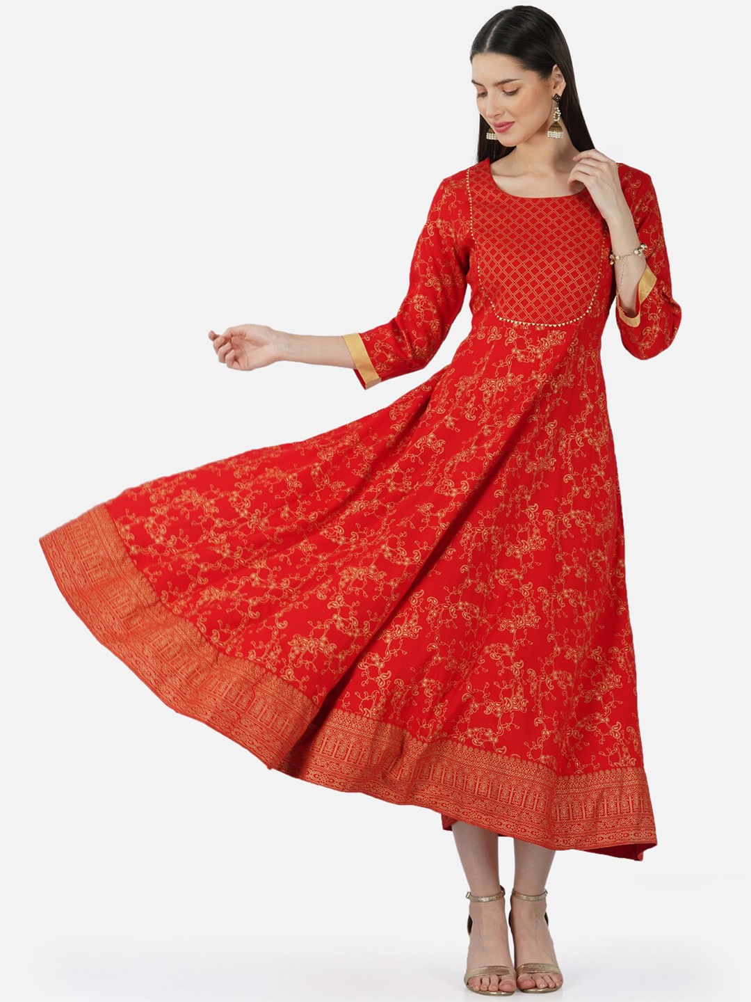 SkyaSia Ethnic Motifs Printed Gotta Patti A-Line Ethnic Dress, Red