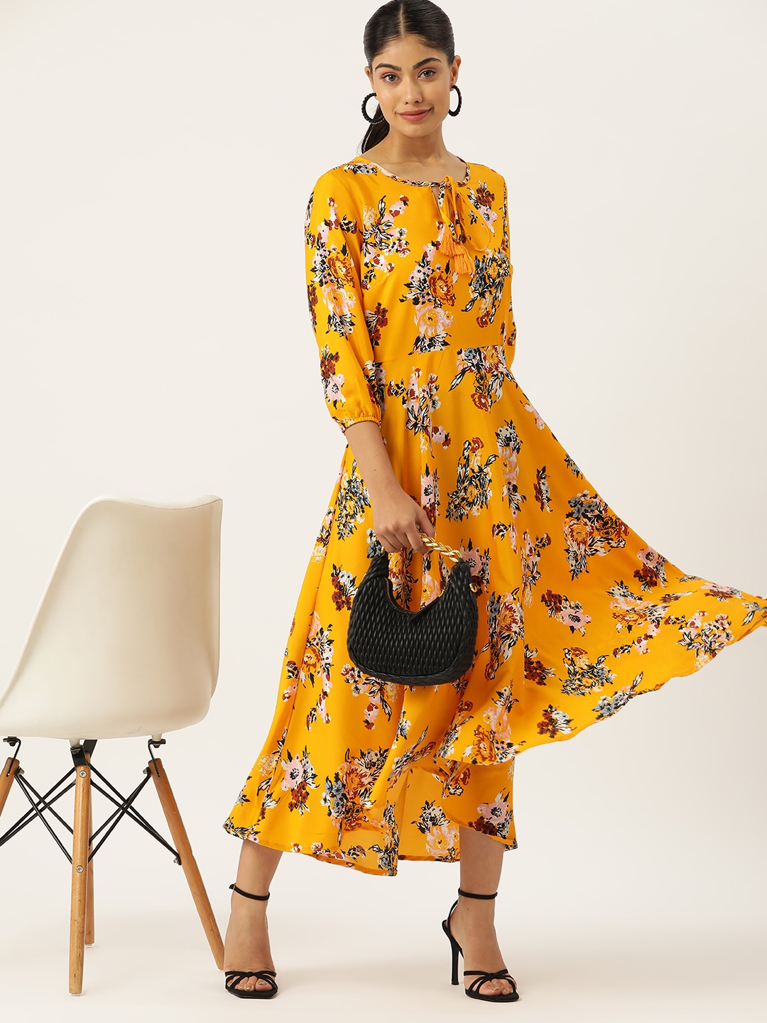 

DressBerry Floral Print Tie-Up Neck Puff Sleeves Maxi Dress, Yellow