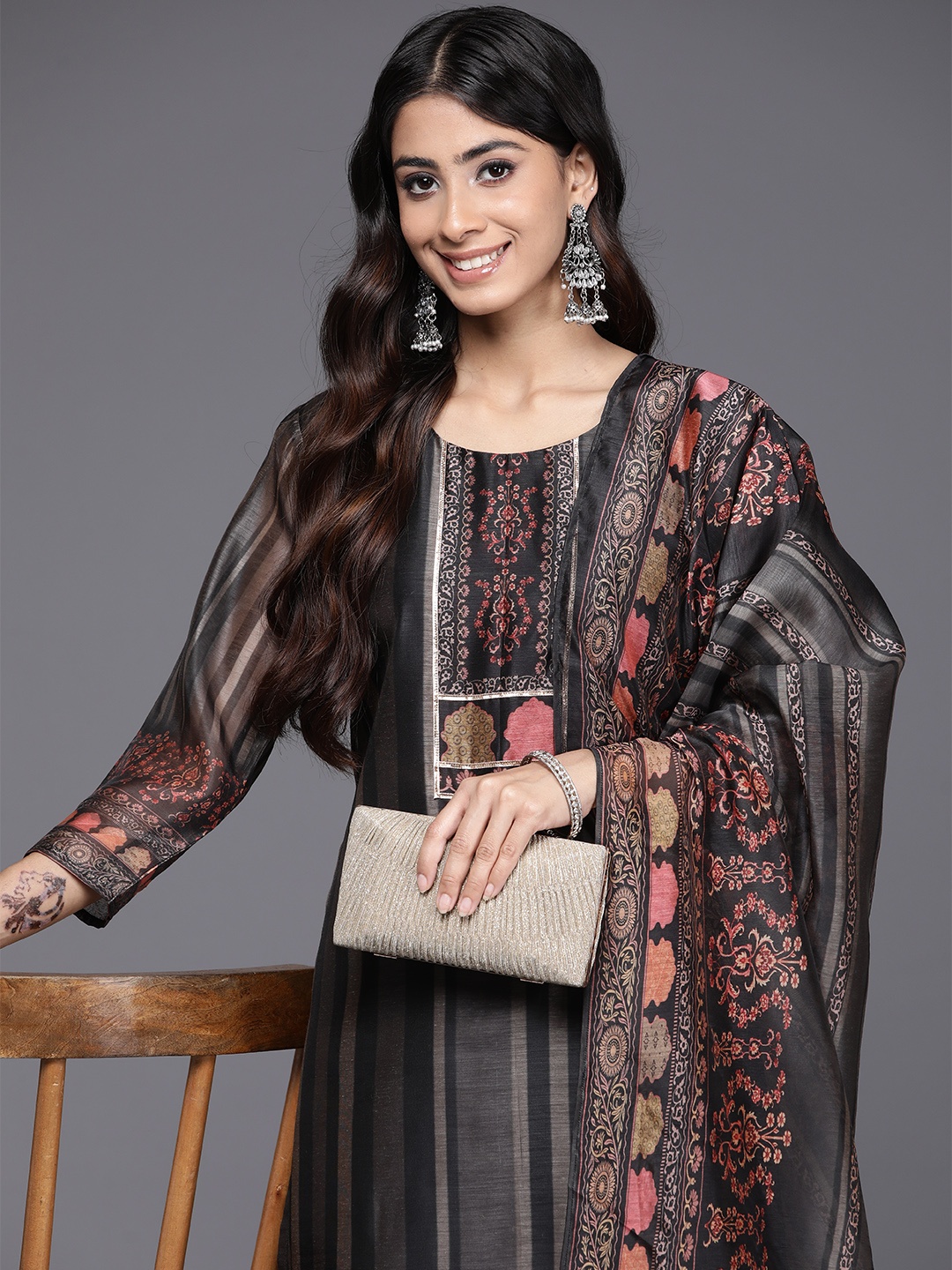 

Varanga Ethnic Motifs Printed Regular Chanderi Silk Kurta with Trousers & With Dupatta, Black