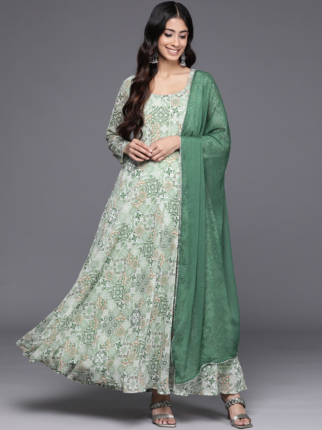 

Varanga Printed Georgette Anarkali Kurta with Dupatta, Green