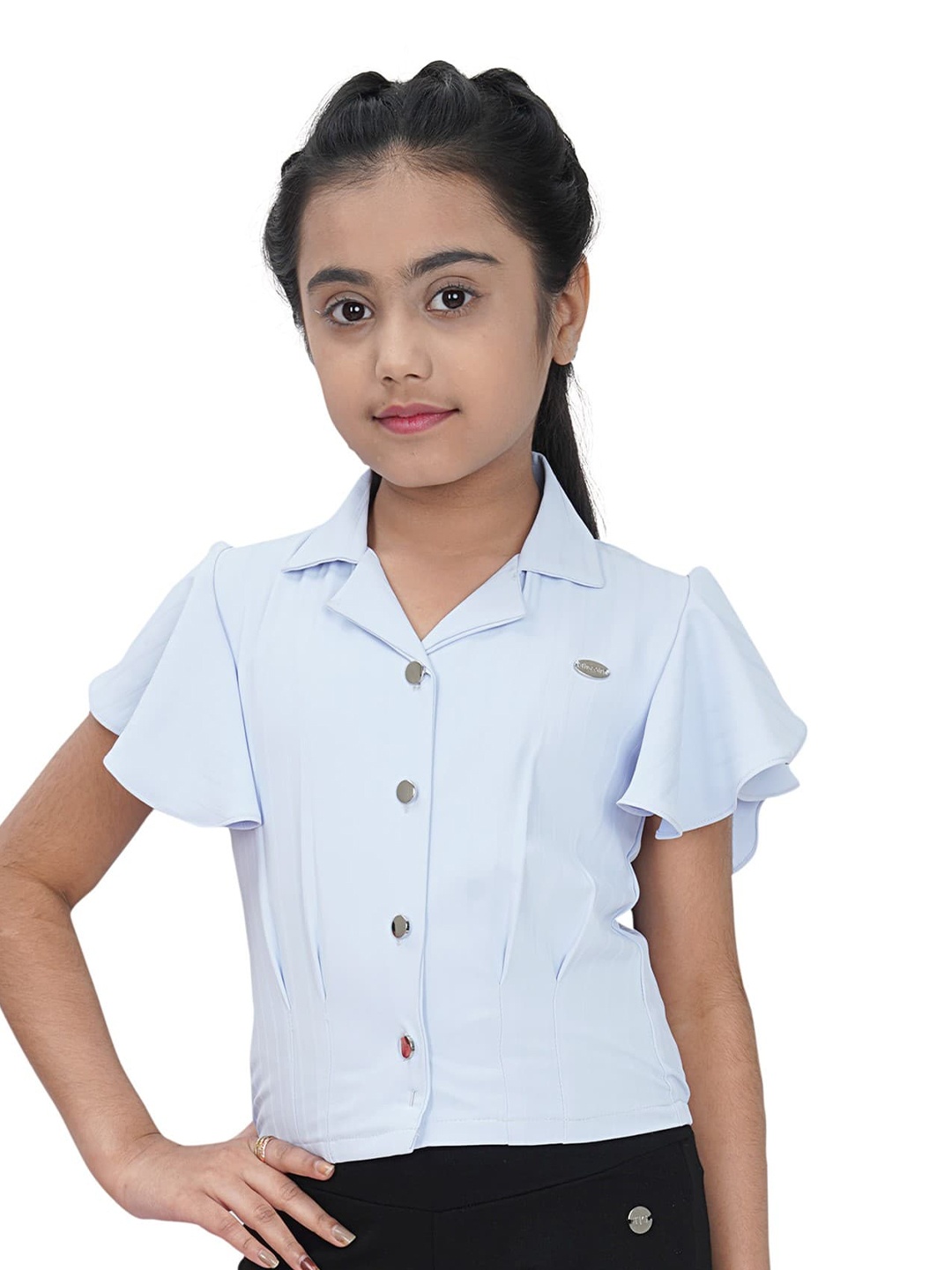 

Tiny Girl Cuban Collar Flutter Sleeve Shirt Style Top, Blue