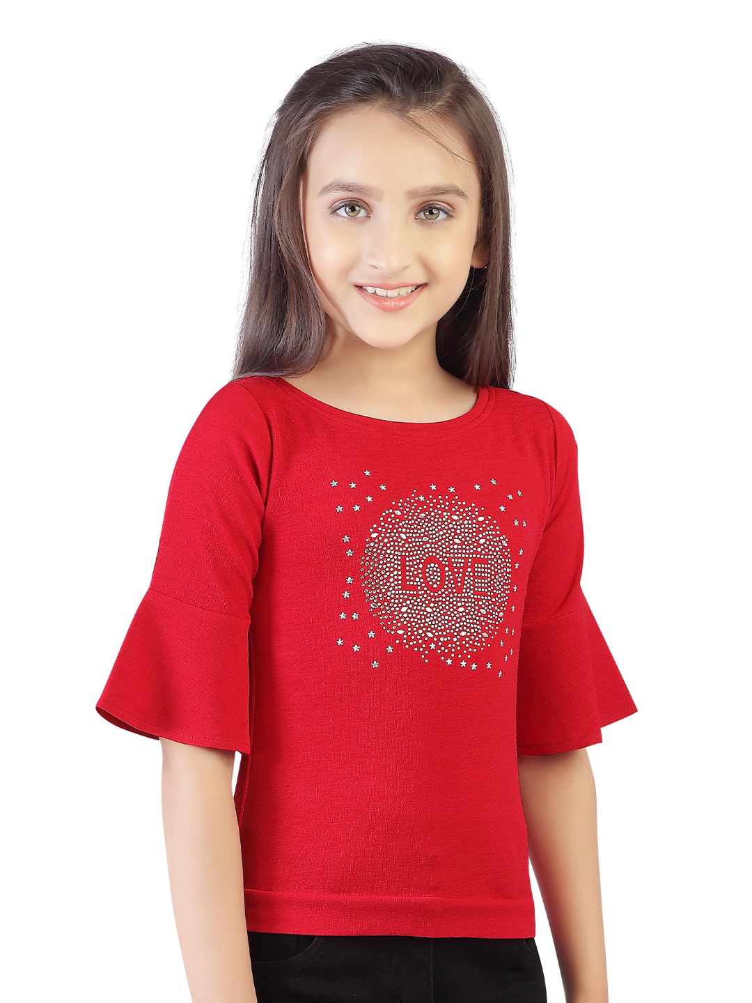 

Tiny Girl Embellished Bell Sleeves Top, Maroon