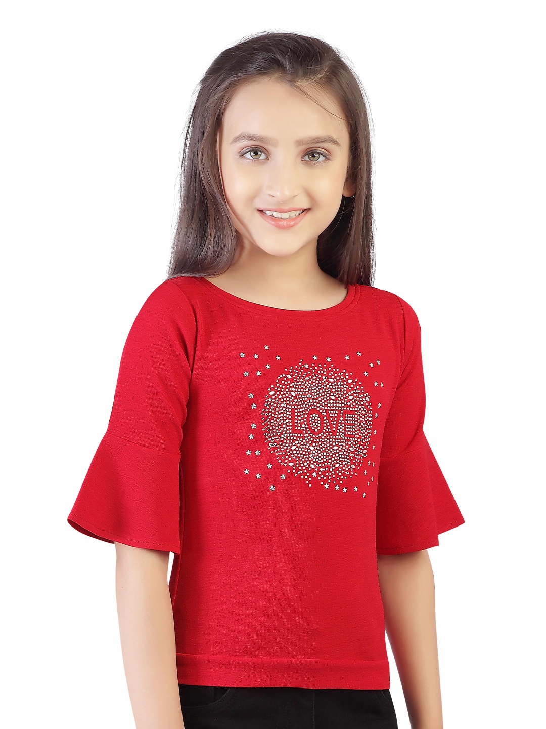 

Tiny Girl Embellished Bell Sleeves Top, Maroon