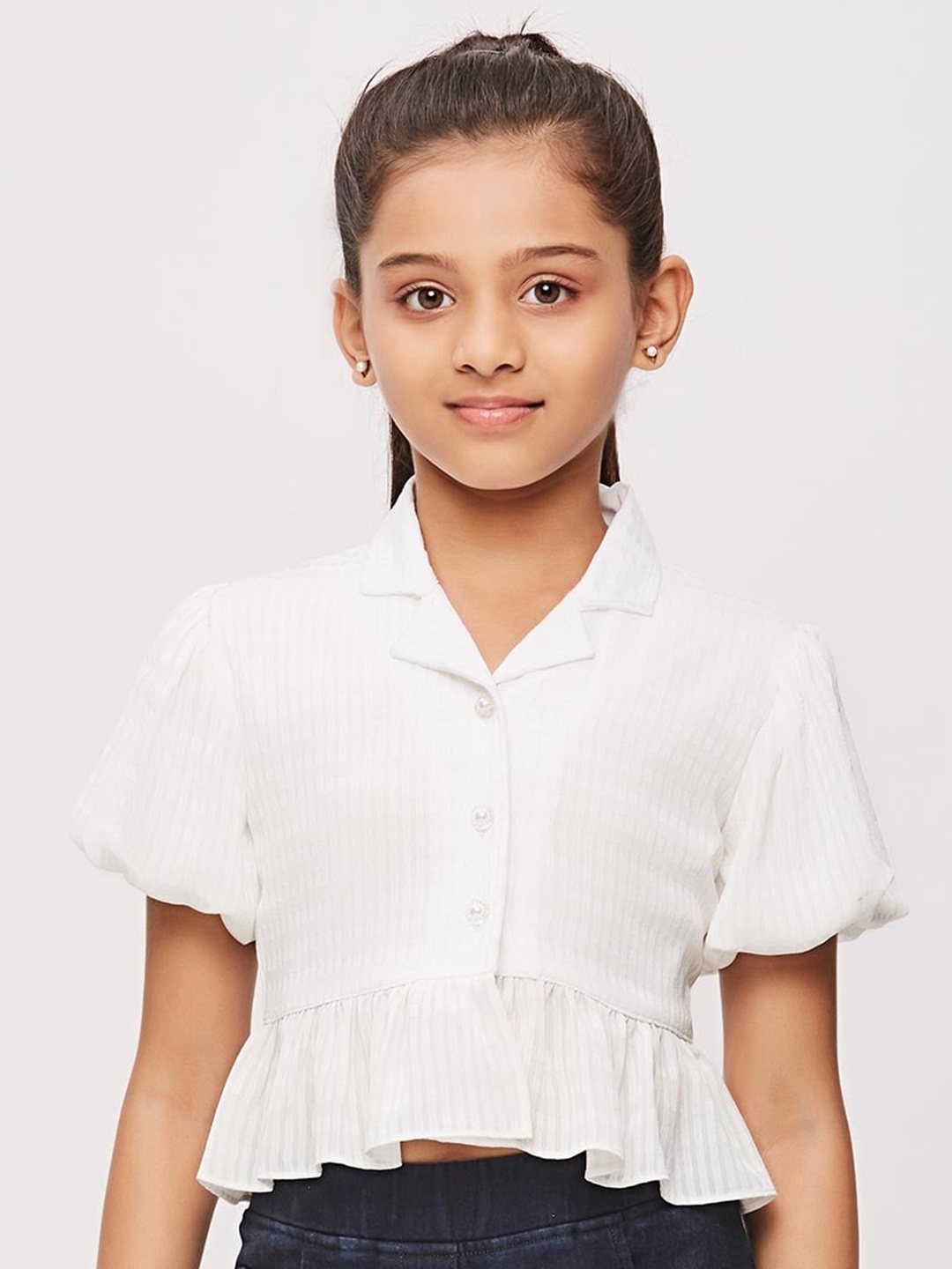 

Tiny Girl Shirt Collar Puff Sleeves Shirt Style Sleeve Top, White
