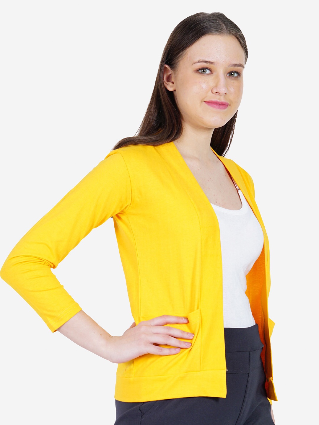 

TEEMOODS Women Monochrome Open Front Cotton Shrug, Yellow