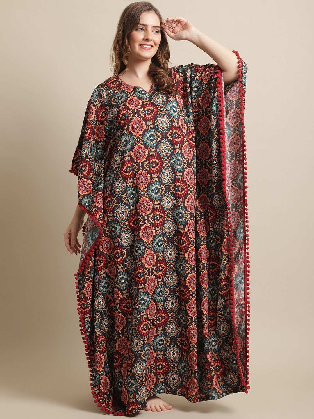 

Claura Brown Ethnic Motifs Printed Pure Cotton Maxi Kaftan Nightdress