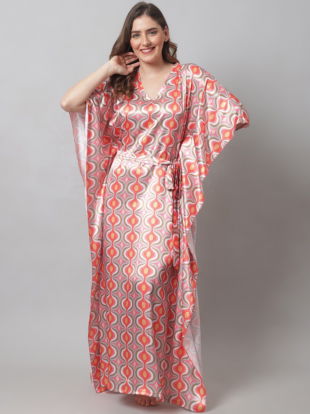 

Claura Orange, Yellow & Grey Abstract Printed Satin Maxi Kaftan Nightdress