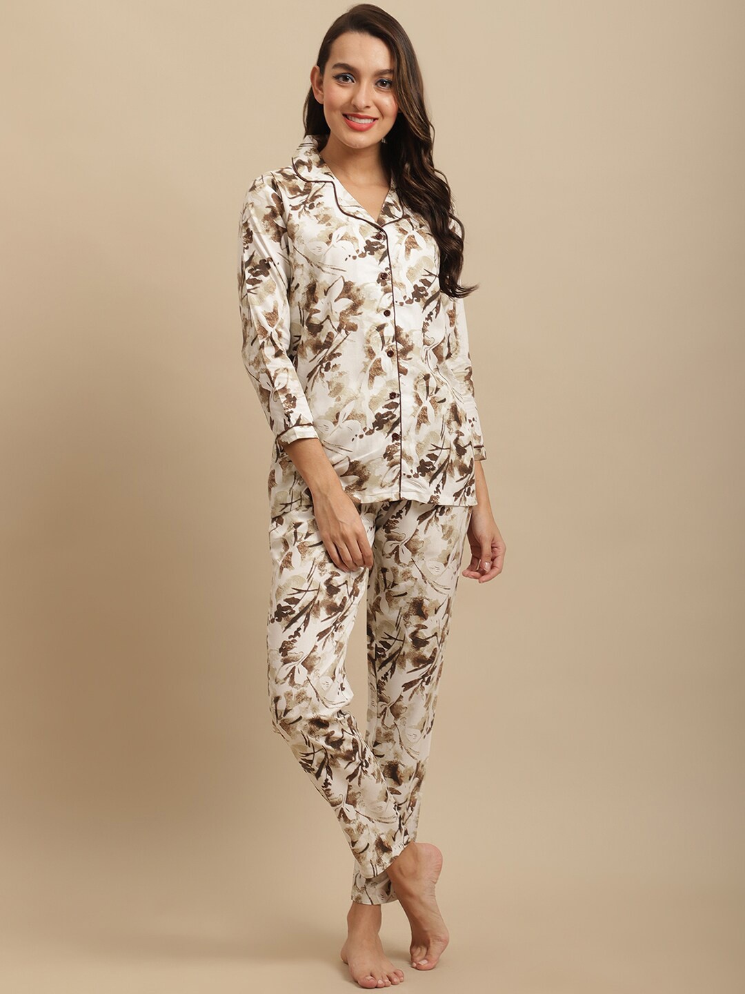 

Claura Brown & White Floral Printed Pure Cotton Night Suit