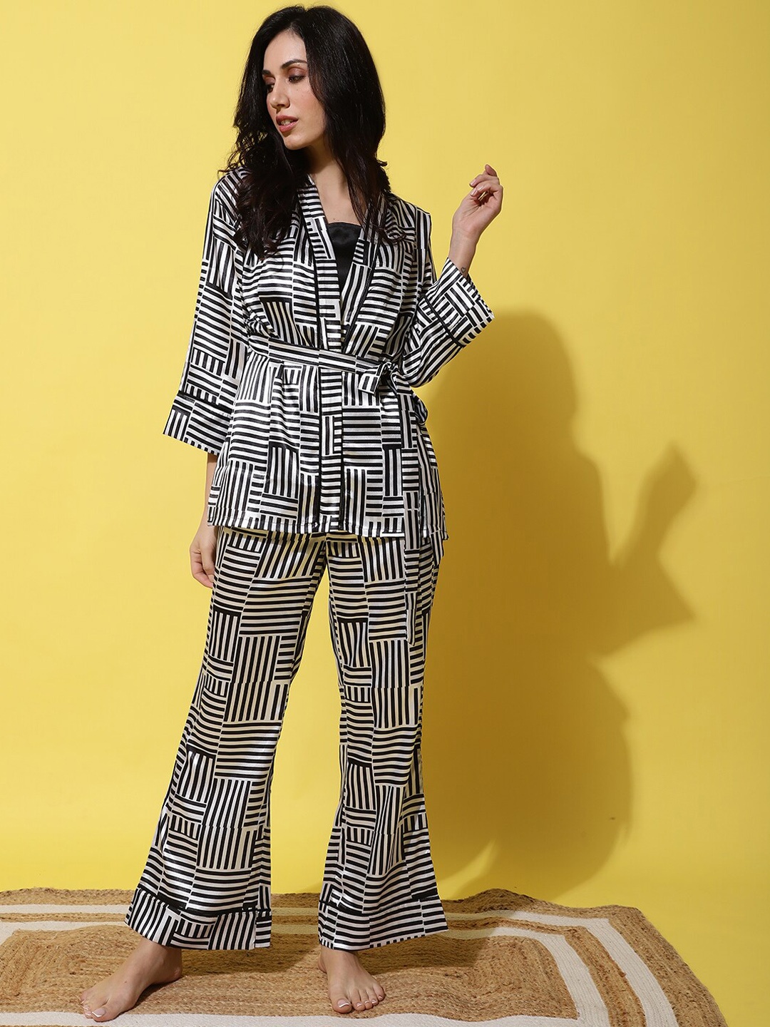 

Claura White & Black 3 Piece Striped Satin Night Suit With Robe