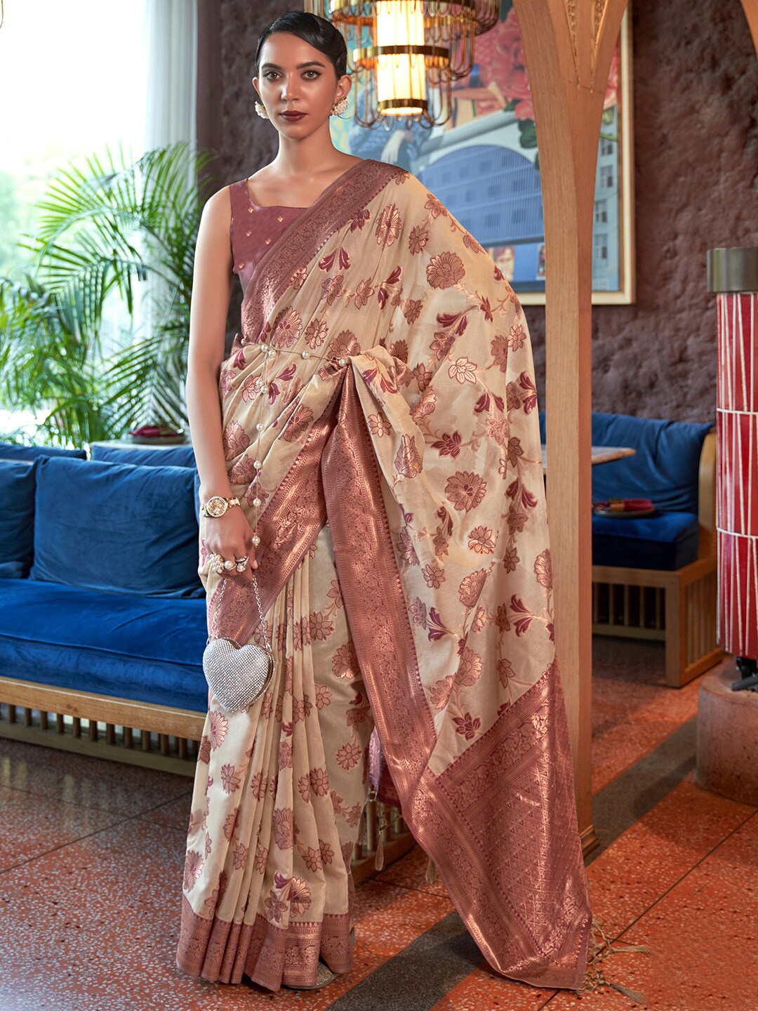 

KARAGIRI Floral Woven Design Zari Organza Saree, Beige