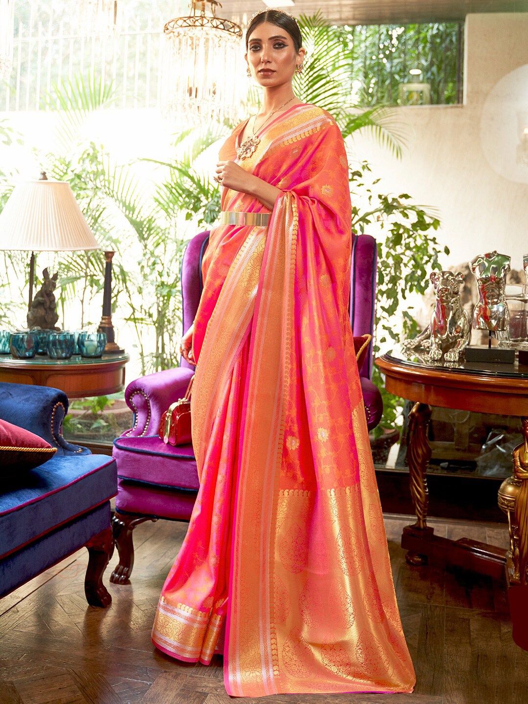 

KARAGIRI Floral Woven Design Zari Kanjeevaram Saree, Peach