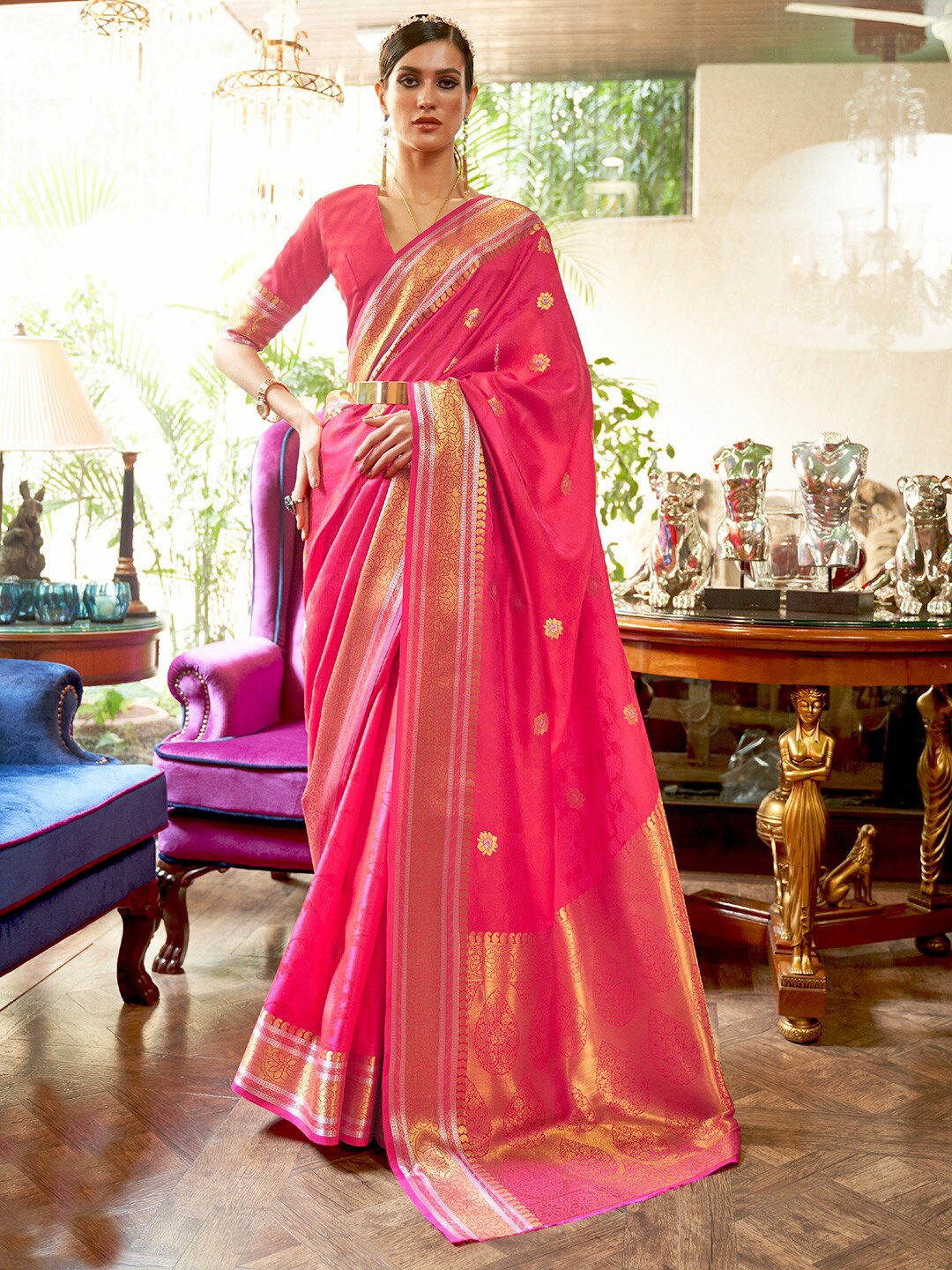 

KARAGIRI Floral Woven Design Zari Kanjeevaram Saree, Pink