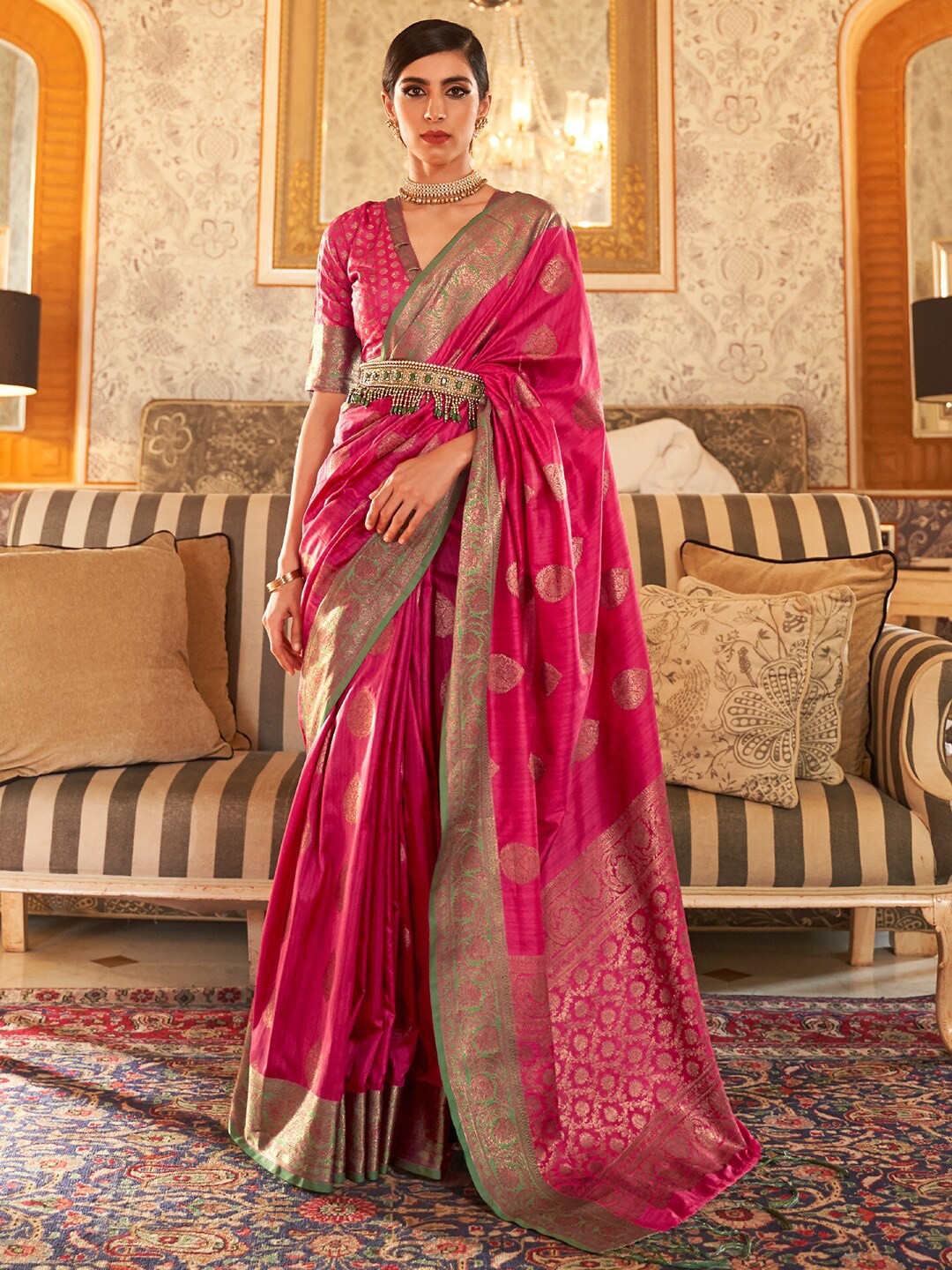 

KARAGIRI Ehtnic Motif Woven Design Zari Kanjeevaram Saree, Pink