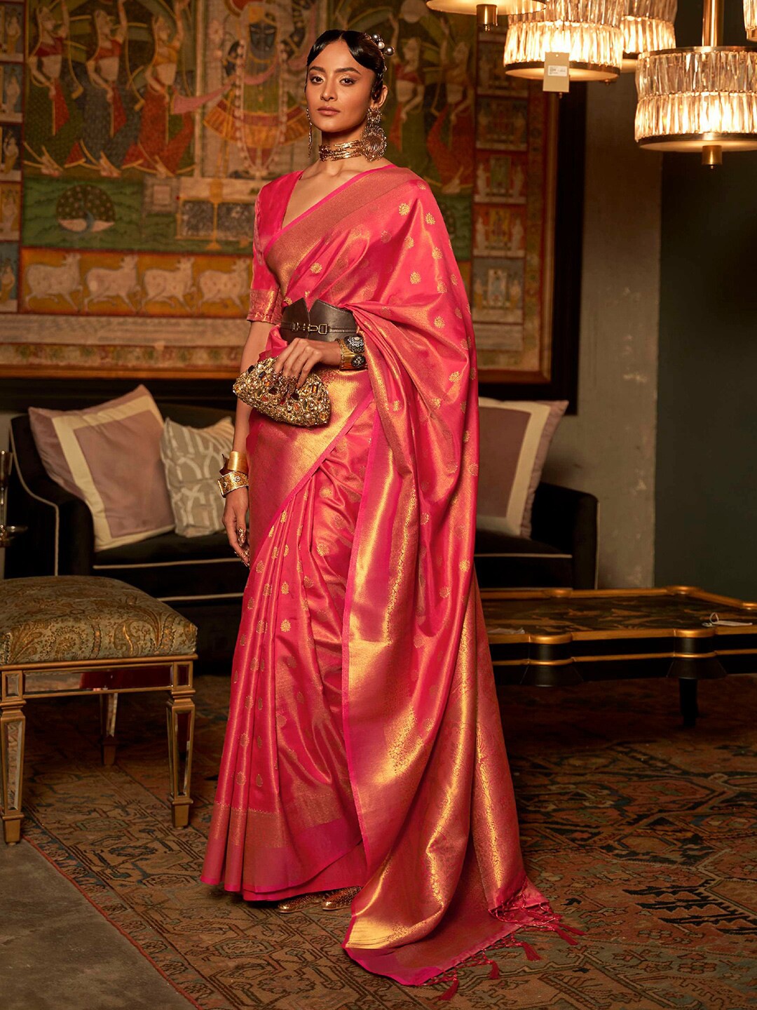 

KARAGIRI Floral Woven Design Zari Kanjeevaram Saree, Pink