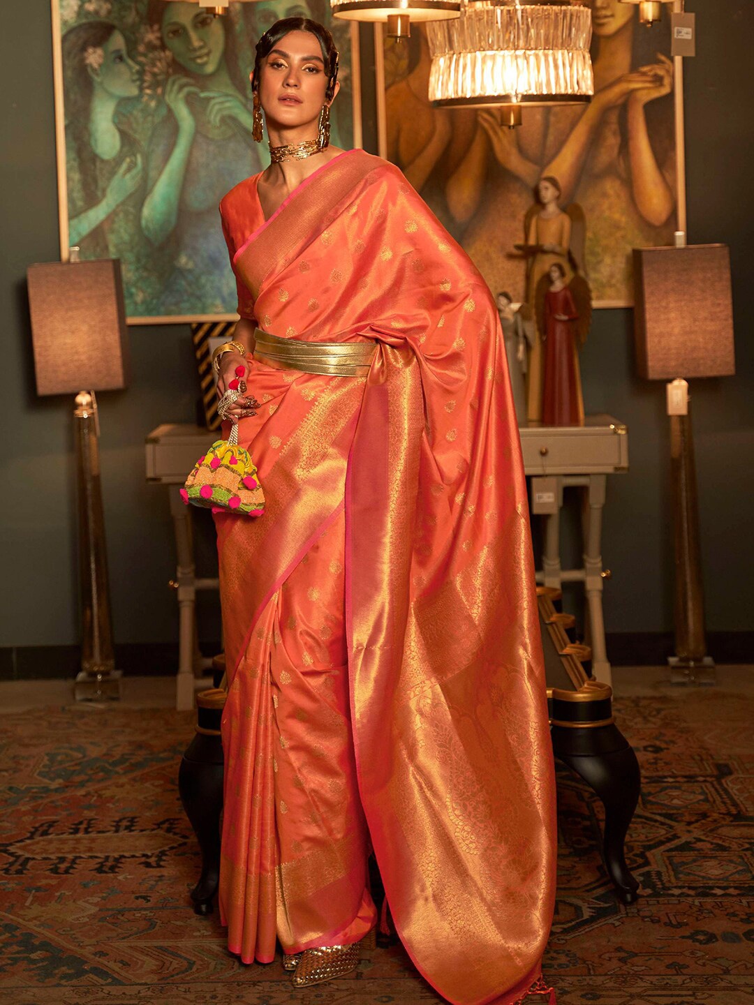 

KARAGIRI Floral Woven Design Zari Kanjeevaram Saree, Orange