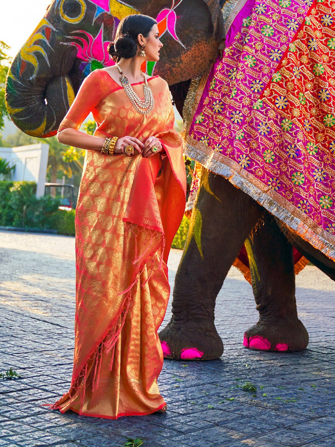 

KARAGIRI Ethnic Motif Woven Design Zari Kanjeevaram Saree, Orange