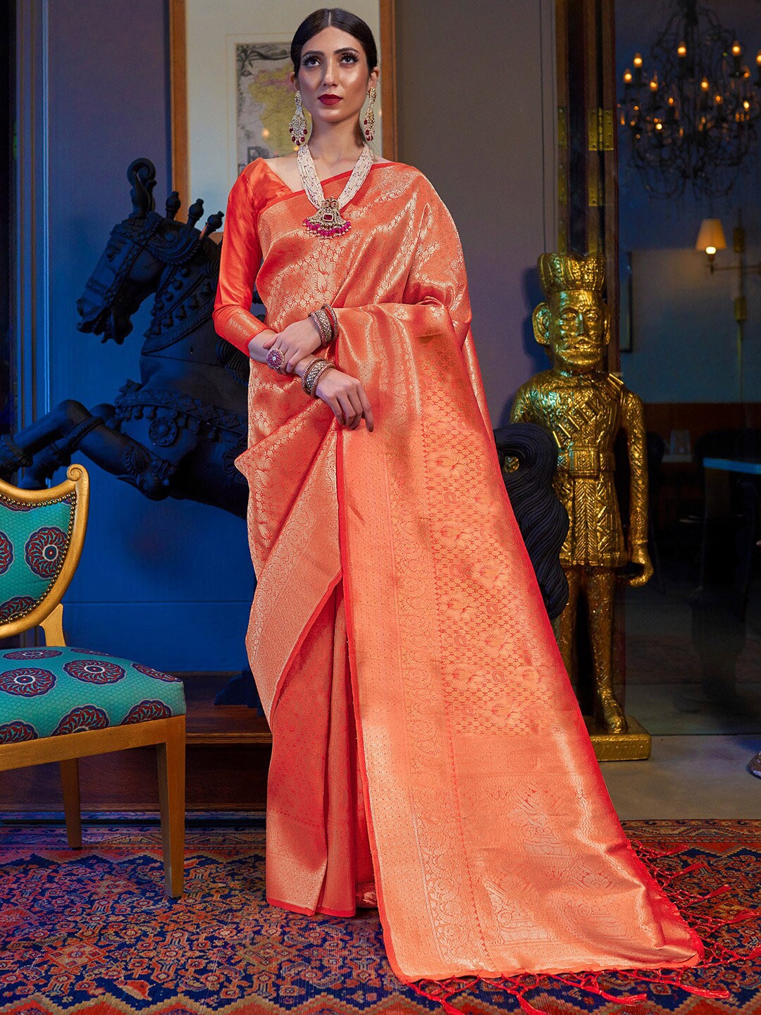 

KARAGIRI Floral Woven Design Zari Kanjeevaram Saree, Orange