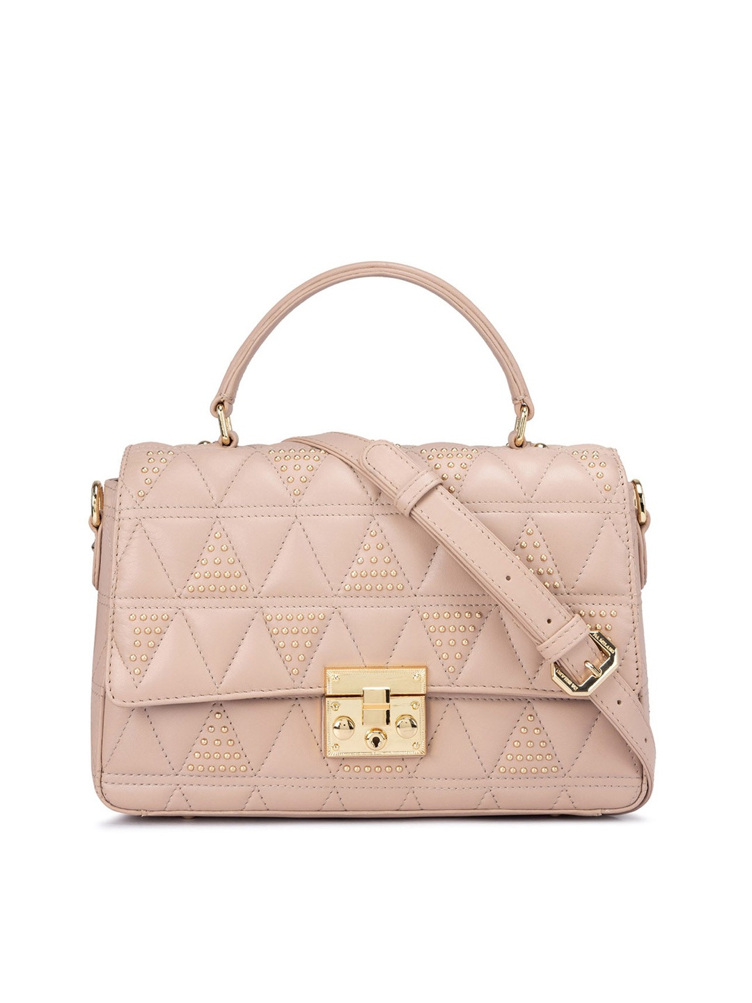 

Da Milano Embellished Leather Satchel Bag With Quilted, Beige