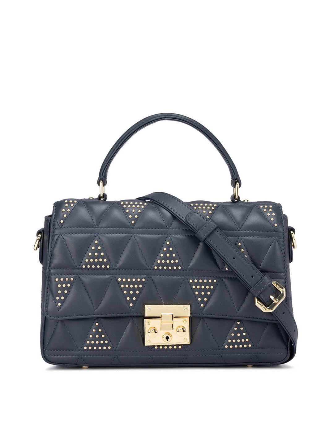 

Da Milano Embellished Leather Satchel Bag With Quilted, Navy blue