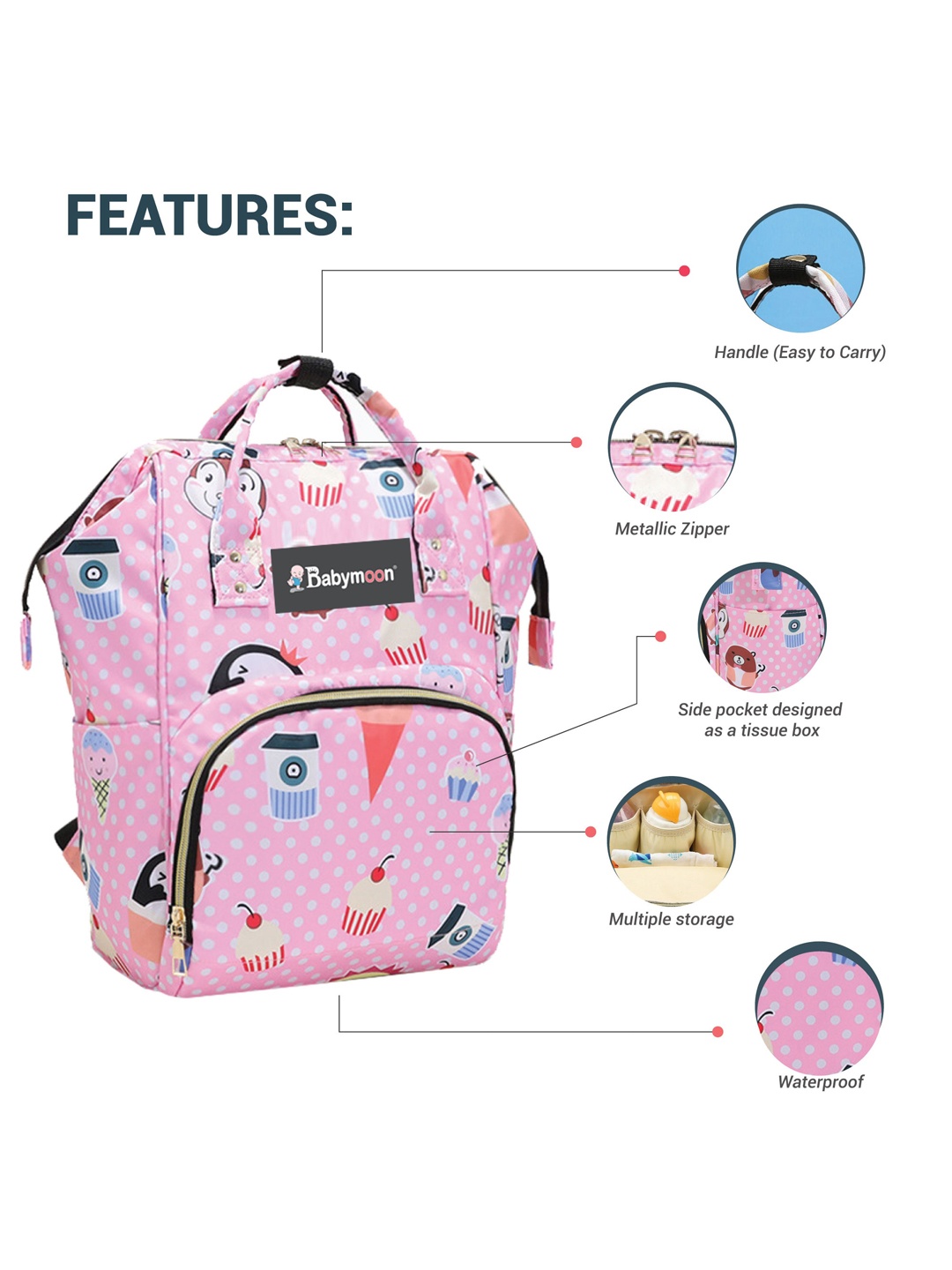 

Babymoon Printed Fabric Lightweight Diaper Bag, Pink