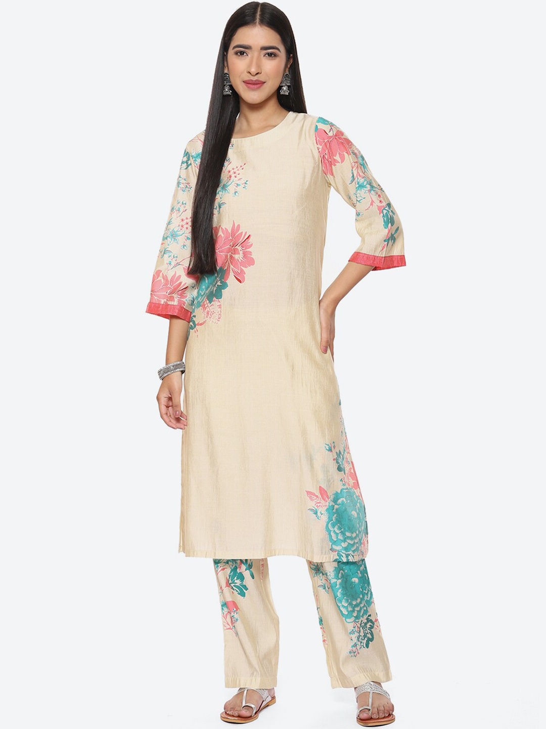 

Biba Floral Printed Kurta with Trousers, Cream