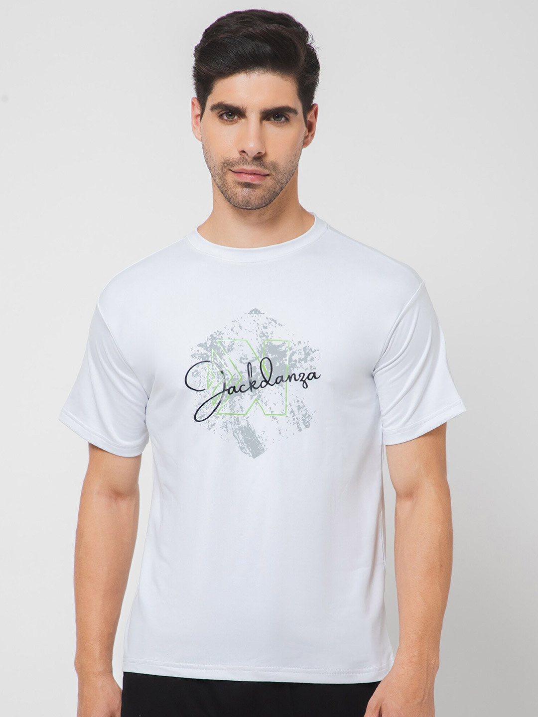 

JACKDANZA Men White Typography Printed Raw Edge T-shirt