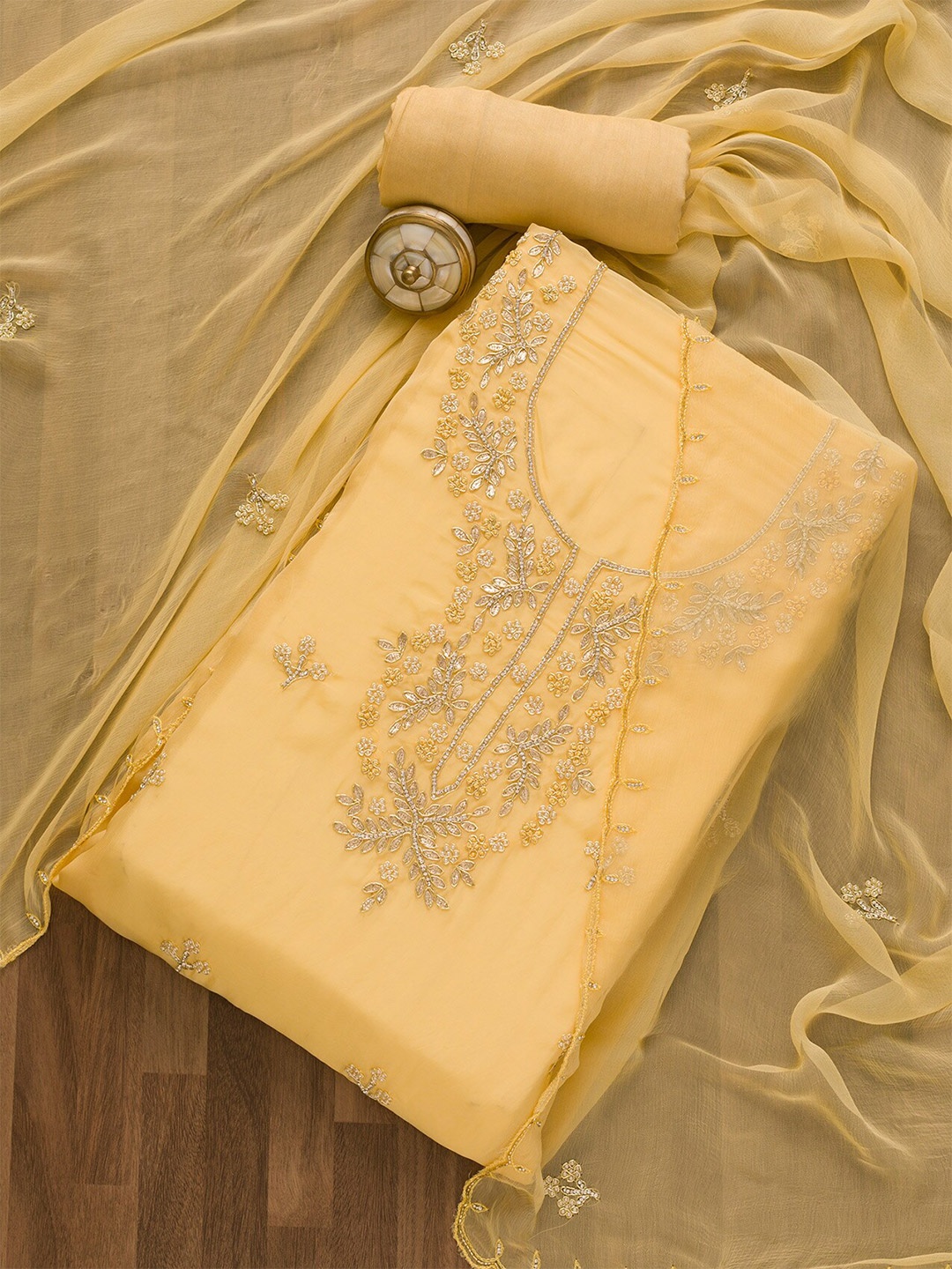 

Koskii Embroidered Organza Semi-Stitched Dress Material, Yellow