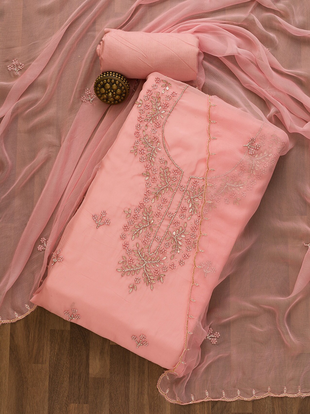 

Koskii Embroidered Organza Semi-Stitched Dress Material, Pink
